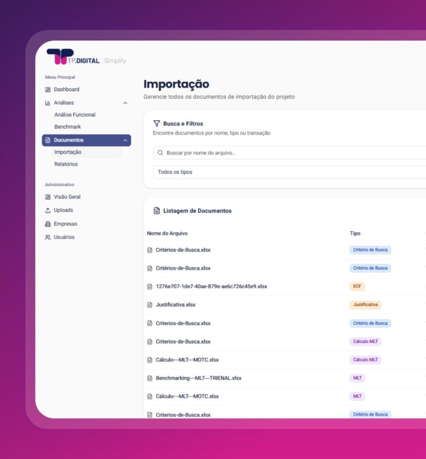 Screenshot da plataforma TP Simplify
